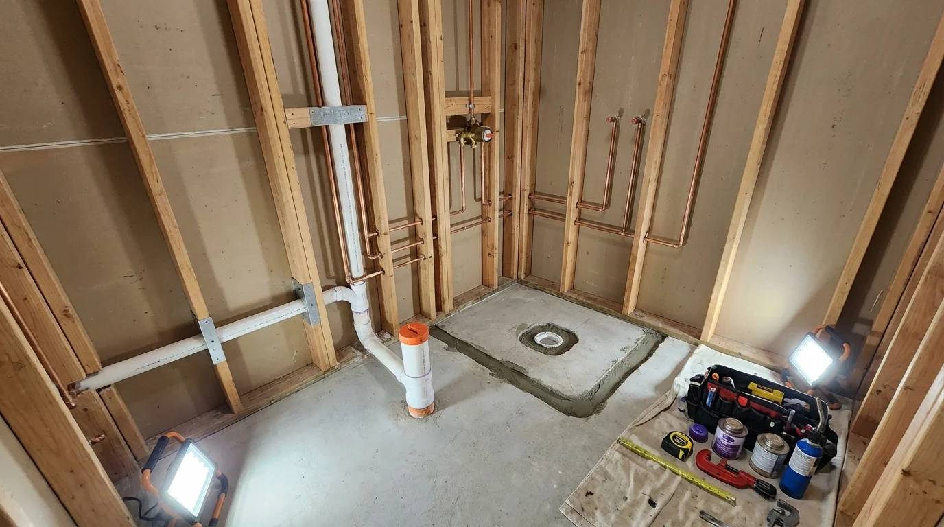 Bathroom rough-in plumbing during remodel by Johns Plumbing LLC in Saint James