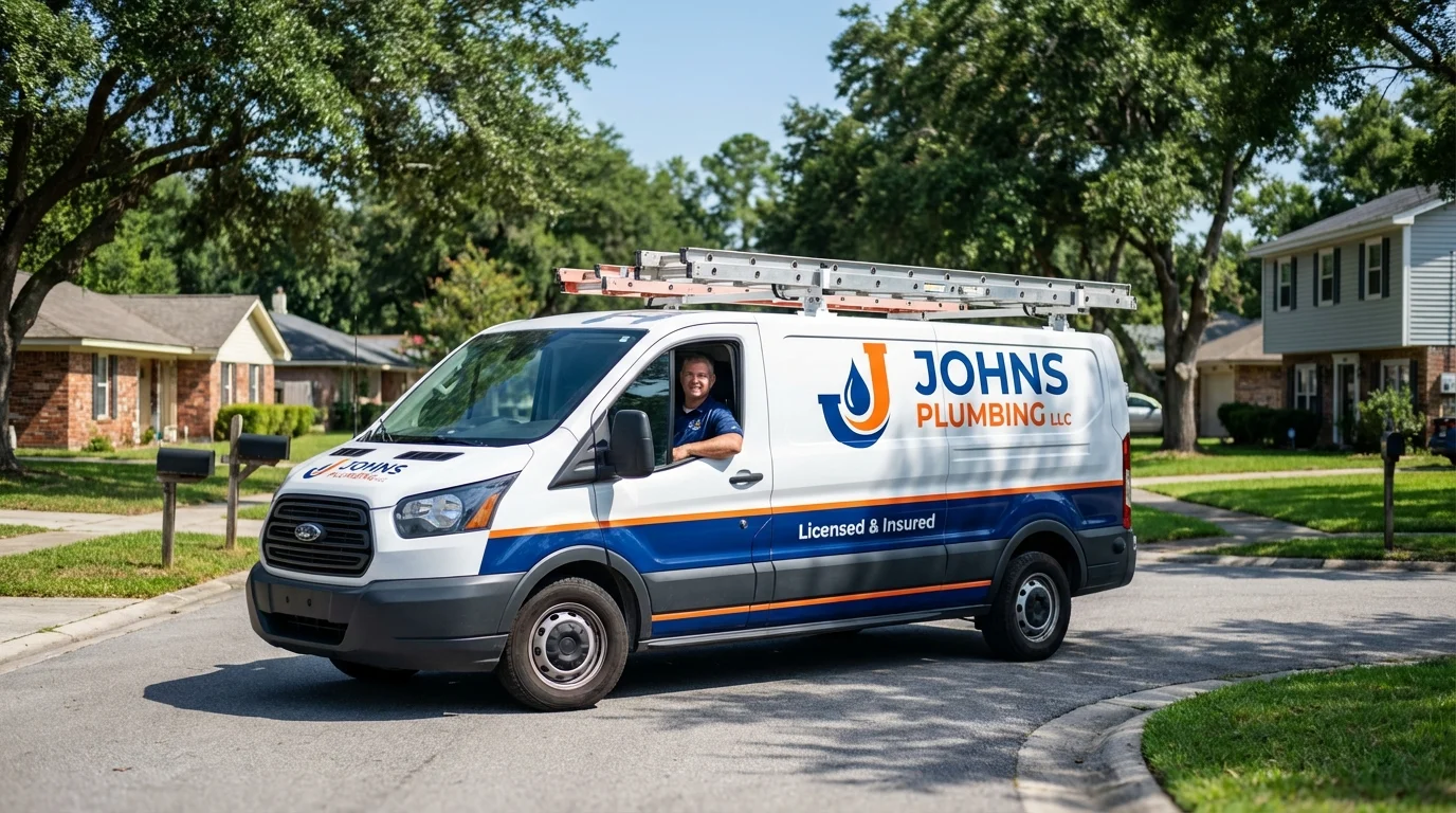 Johns Plumbing LLC service van in Saint James, NY