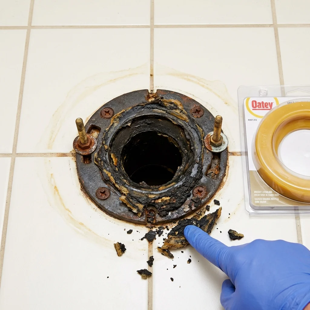 Failed wax ring showing water seepage at the base of a toilet in a Saint James, NY home