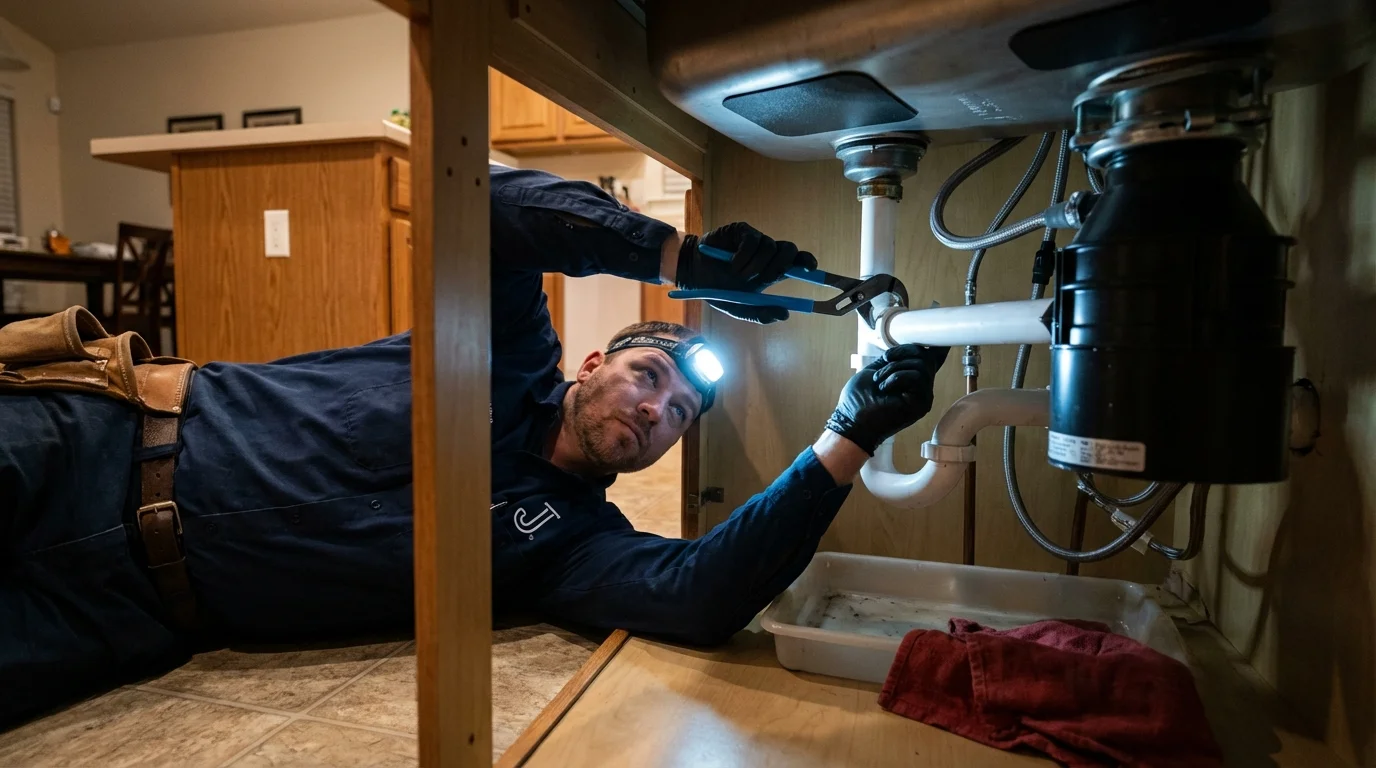 P-trap and supply line connections under a kitchen sink showing a common leak point in Saint James, NY